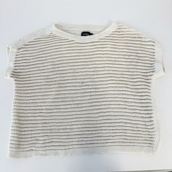 Kate Spade Saturday White Woven Knit Short Sleeve Boxy Crew Neck Boxy Sweater - Picture 1 of 5